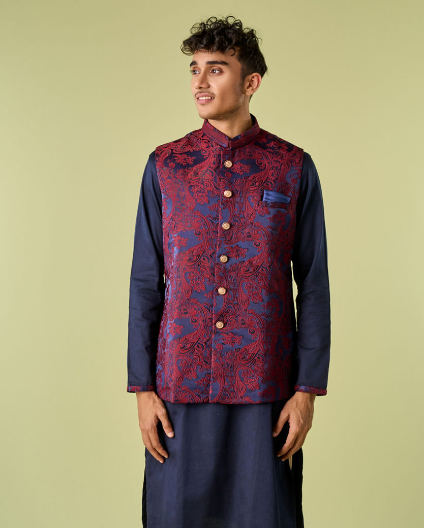 Diwas Men Paisley Blue Kurta Jacket Set