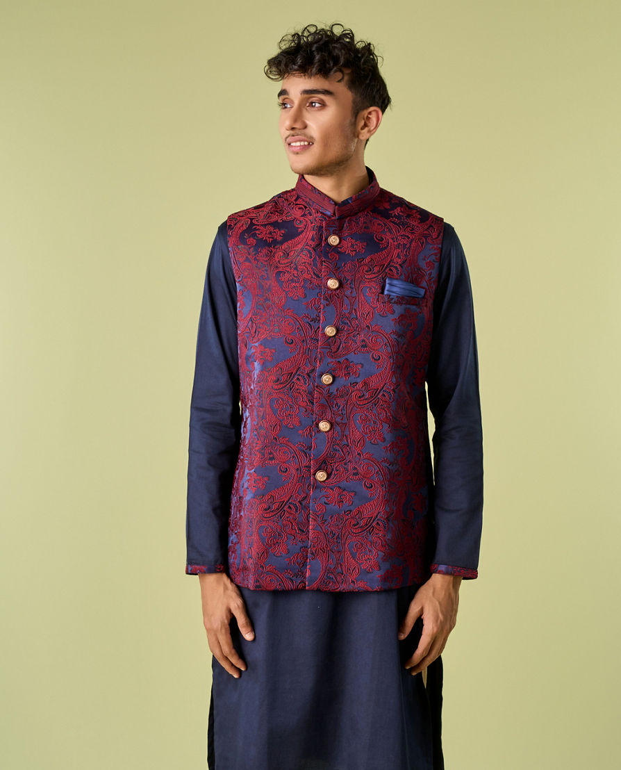 Diwas Men Paisley Blue Kurta Jacket Set