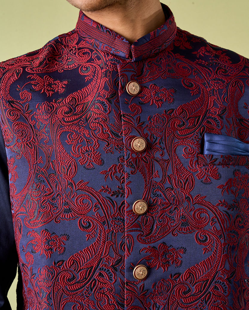 Diwas Men Paisley Blue Kurta Jacket Set