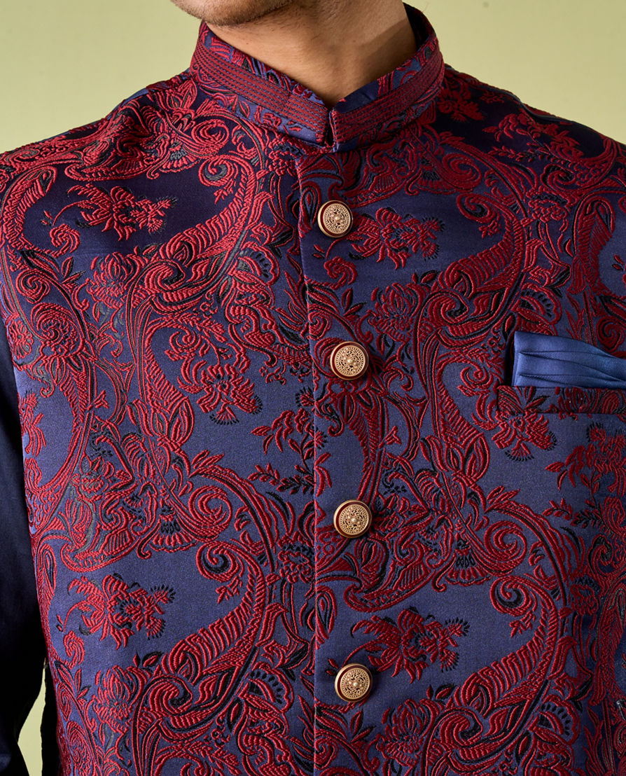 Diwas Men Paisley Blue Kurta Jacket Set