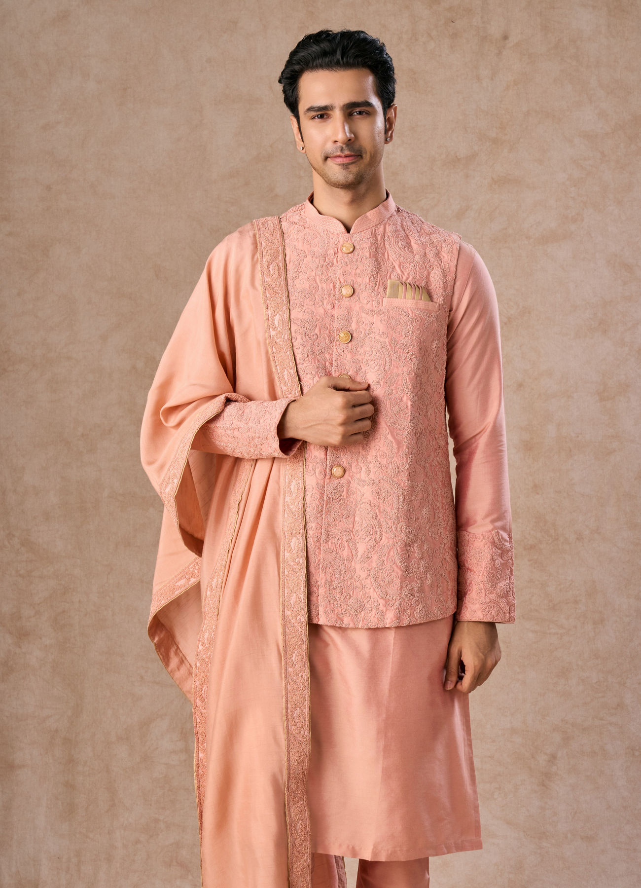 Manyavar Men Peach Festive Grandeur Kurta Jacket Set