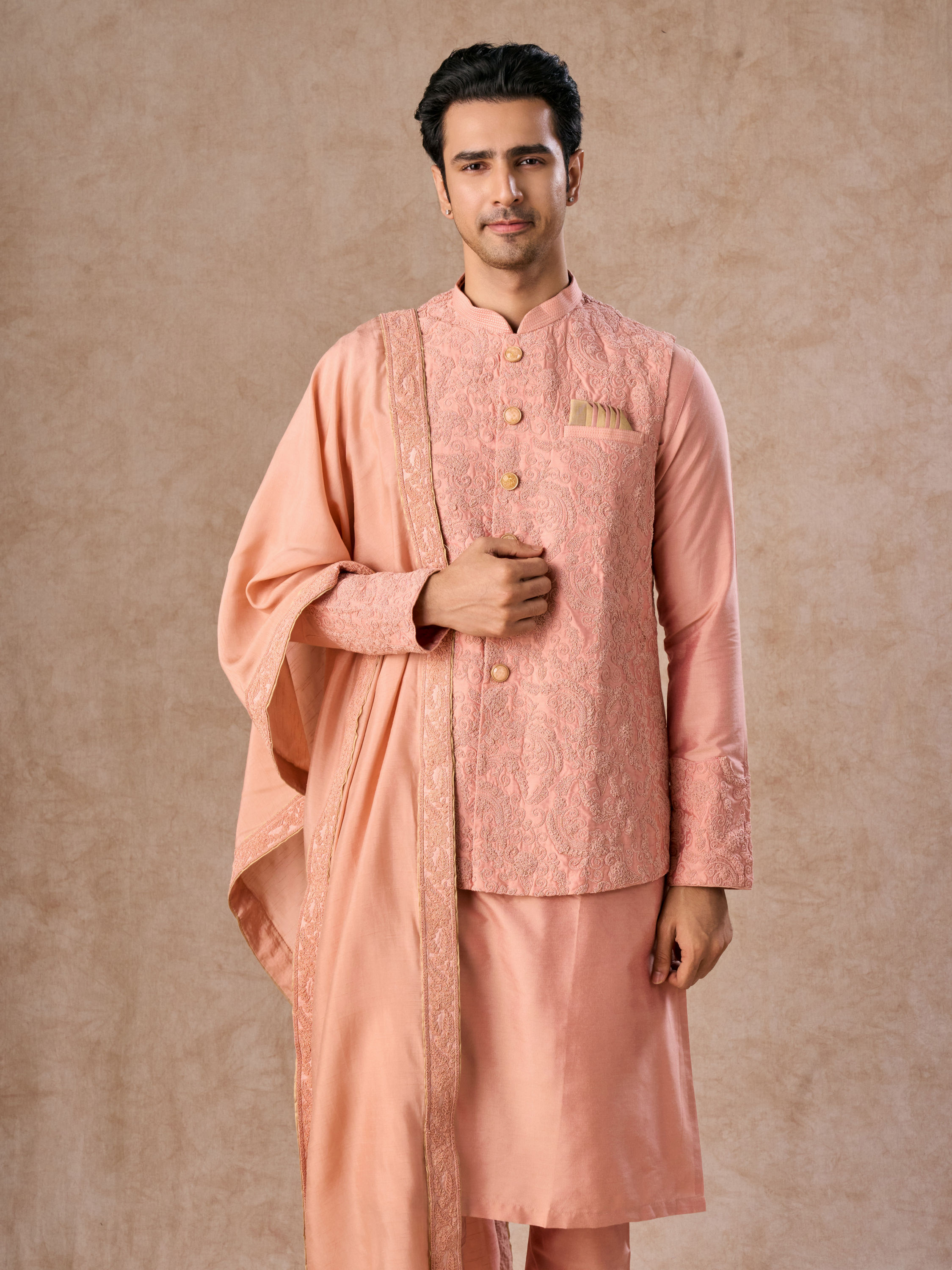 Manyavar Men Peach Festive Grandeur Kurta Jacket Set