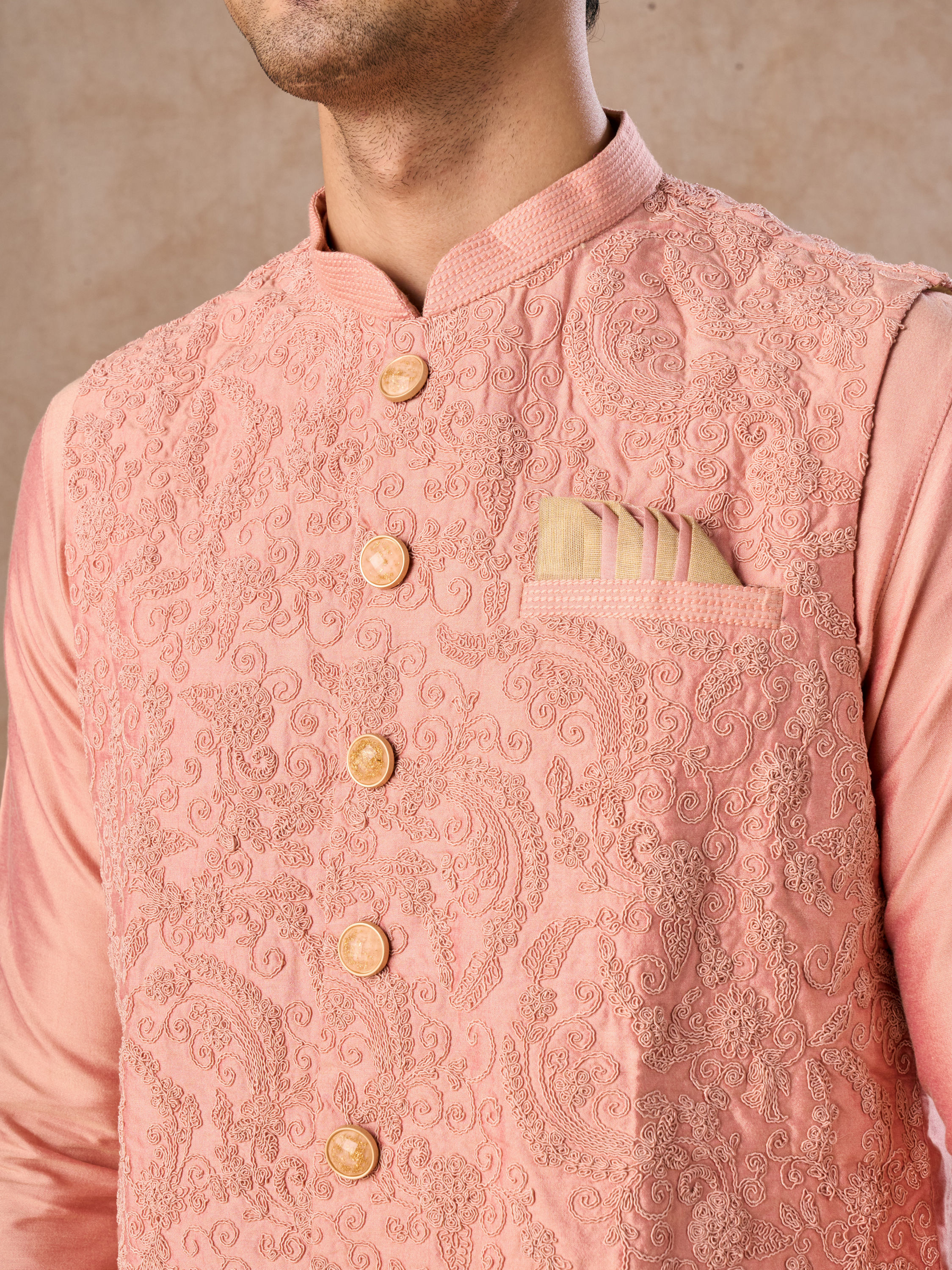 Manyavar Men Peach Festive Grandeur Kurta Jacket Set
