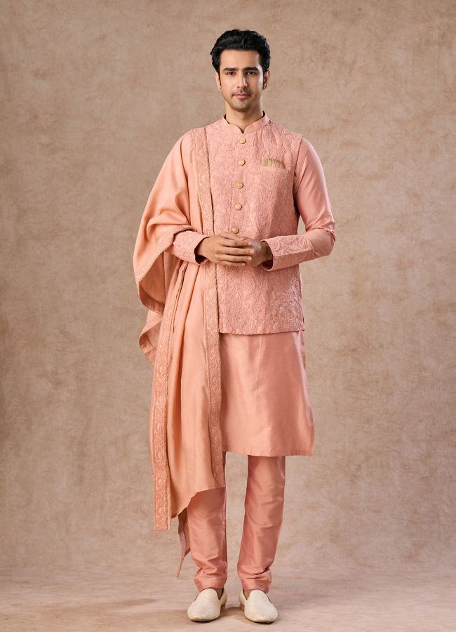 Manyavar Men Peach Festive Grandeur Kurta Jacket Set