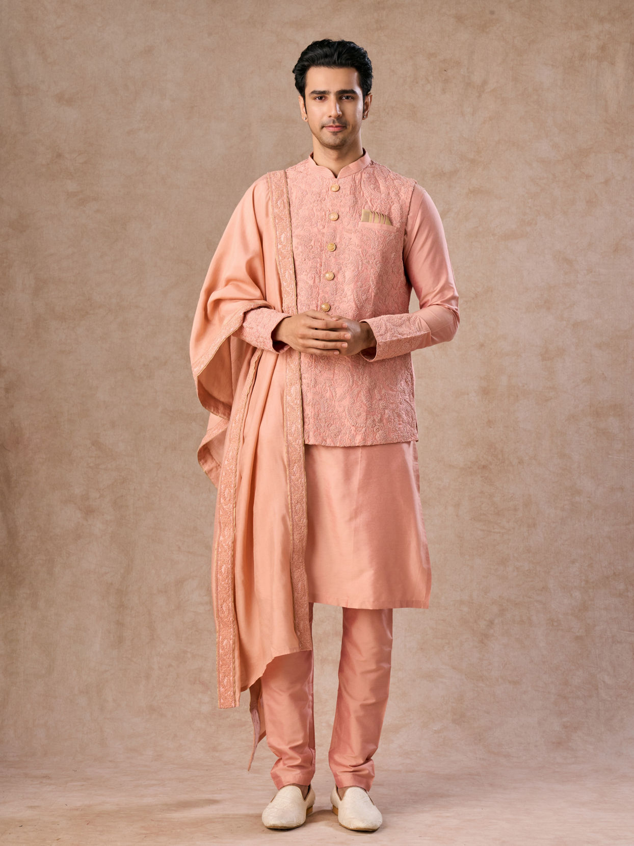 Manyavar Men Peach Festive Grandeur Kurta Jacket Set