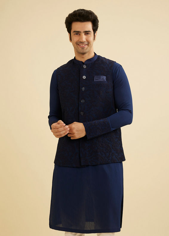 Manyavar Men Dazzling Dark Blue Kurta Jacket Set