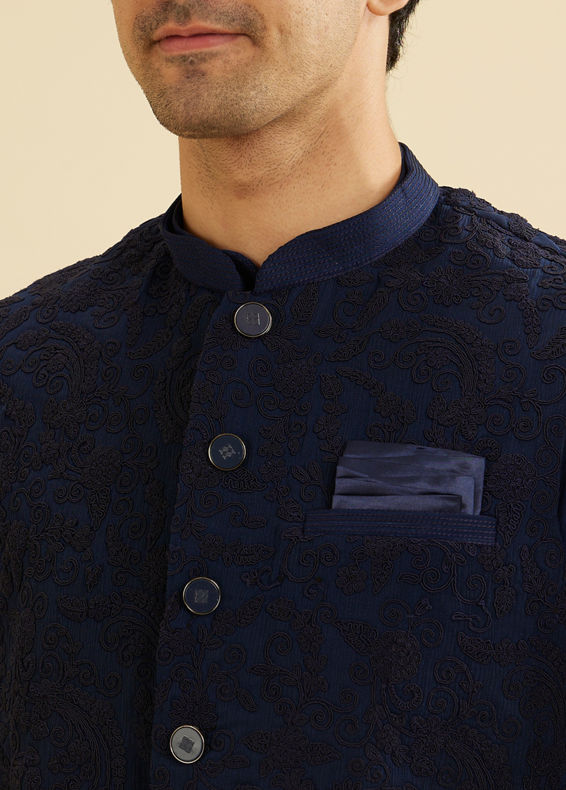 Manyavar Men Dazzling Dark Blue Kurta Jacket Set