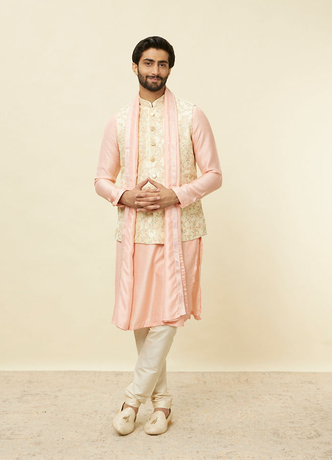 Manyavar Men Cream Pink Bel Buti Patterned Jacket Set