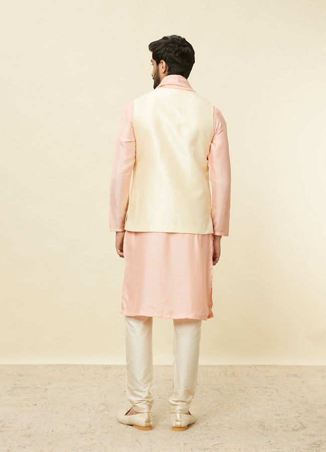 Manyavar Men Cream Pink Bel Buti Patterned Jacket Set