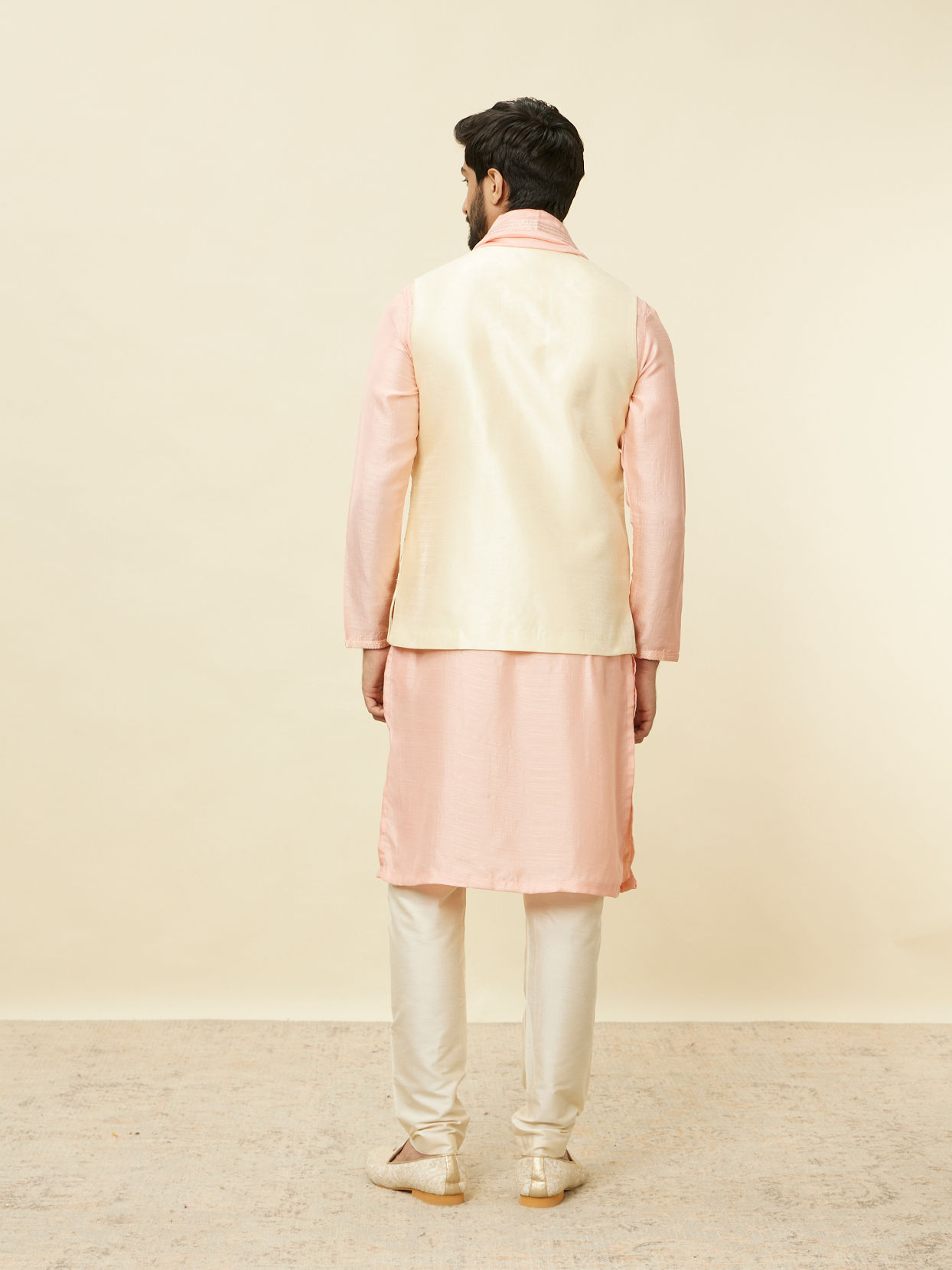 Manyavar Men Cream Pink Bel Buti Patterned Jacket Set