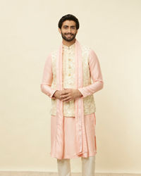 Manyavar Men Cream Pink Bel Buti Patterned Jacket Set