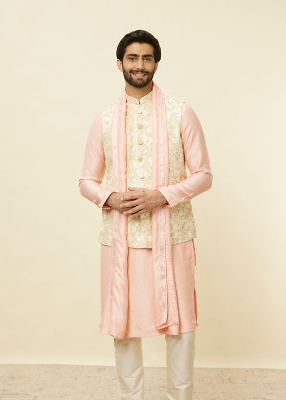 Manyavar Men Cream Pink Bel Buti Patterned Jacket Set