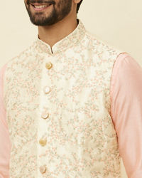 Manyavar Men Cream Pink Bel Buti Patterned Jacket Set