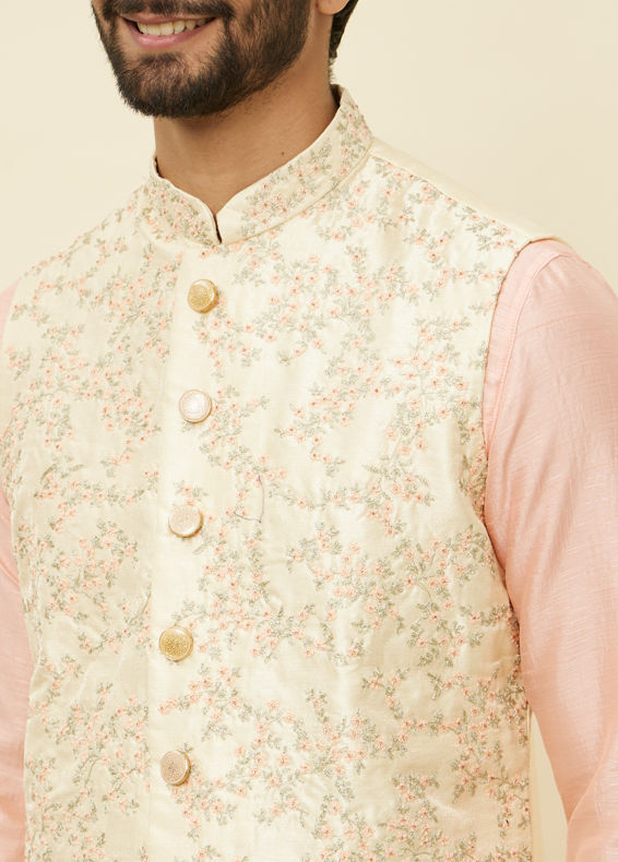 Manyavar Men Cream Pink Bel Buti Patterned Jacket Set