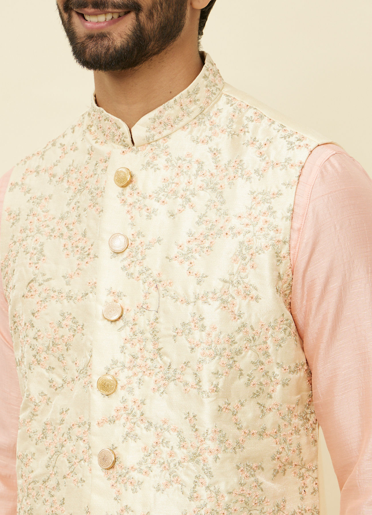 Manyavar Men Cream Pink Bel Buti Patterned Jacket Set