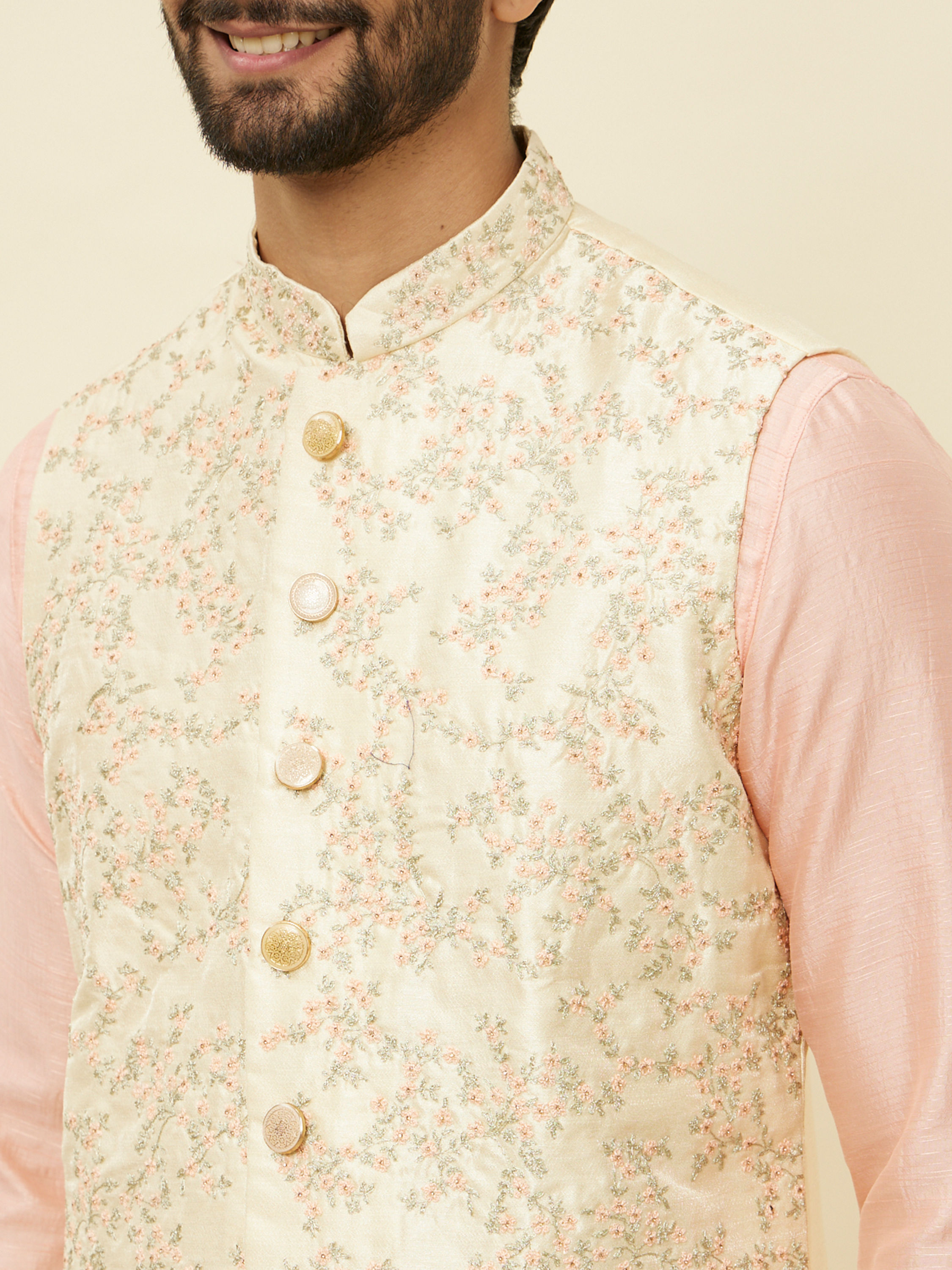 Manyavar Men Cream Pink Bel Buti Patterned Jacket Set