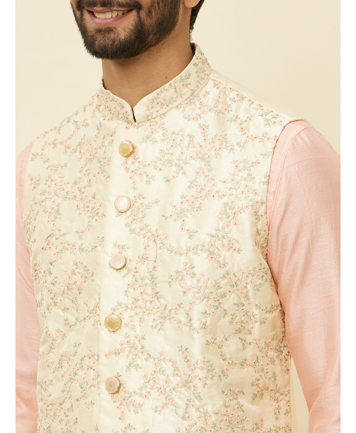 Manyavar Men Cream Pink Bel Buti Patterned Jacket Set