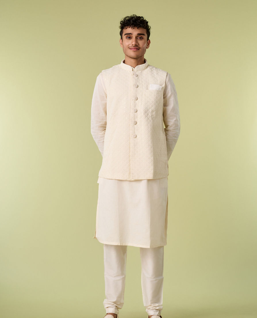 Diwas Men Sesame White Self Design Kurta Jacket Set