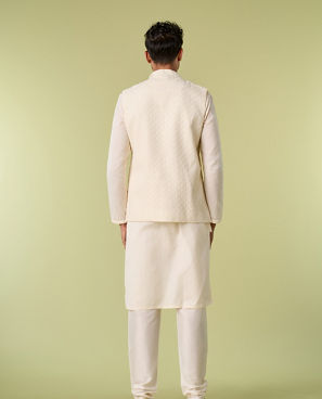 Diwas Men Sesame White Self Design Kurta Jacket Set