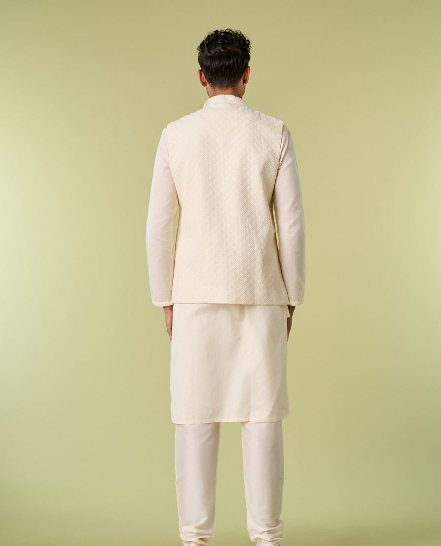 Diwas Men Sesame White Self Design Kurta Jacket Set