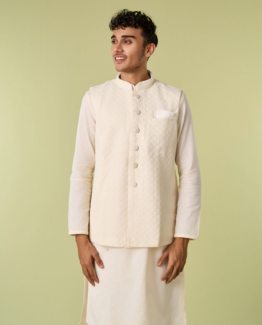 Diwas Men Sesame White Self Design Kurta Jacket Set