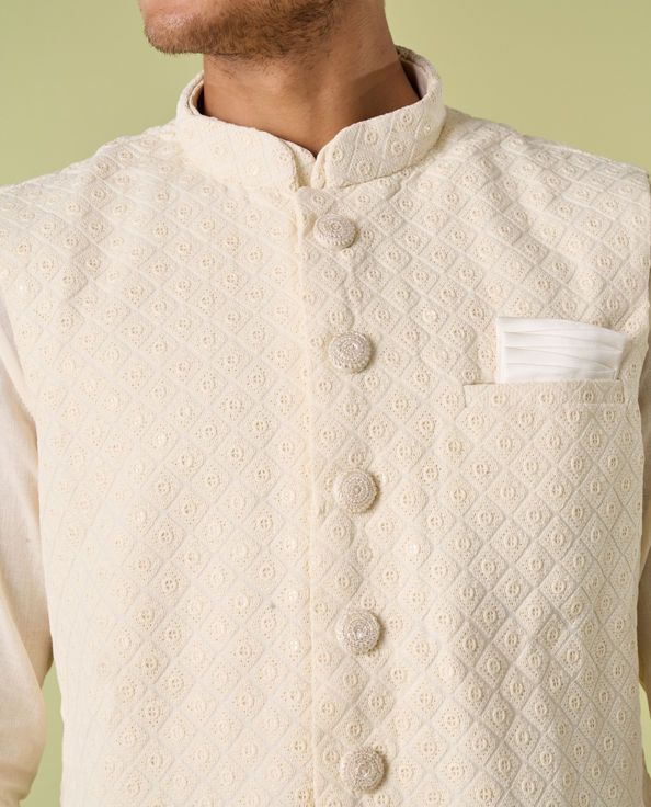 Diwas Men Sesame White Self Design Kurta Jacket Set