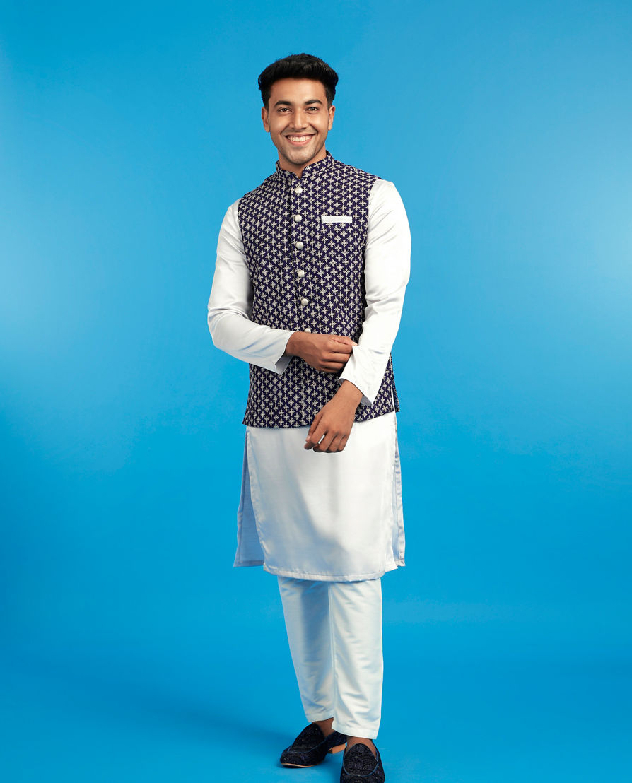 Diwas Men Dark Grey Satin Kurta Jacket Set