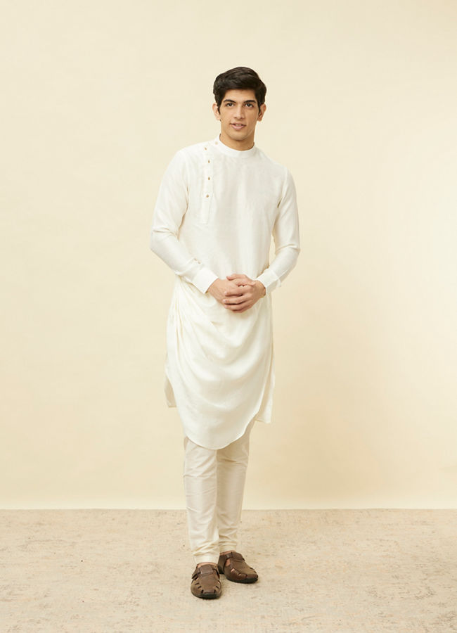 Manyavar Men Sesame White Thread Embroidered Kurta Jacket Set