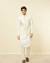 Manyavar Men Sesame White Thread Embroidered Kurta Jacket Set