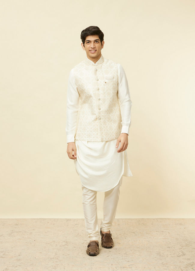 Manyavar Men Sesame White Thread Embroidered Kurta Jacket Set