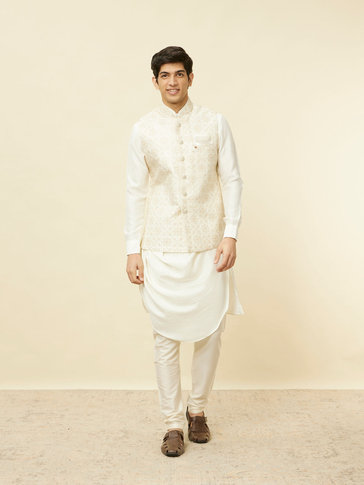 Manyavar Men Sesame White Thread Embroidered Kurta Jacket Set