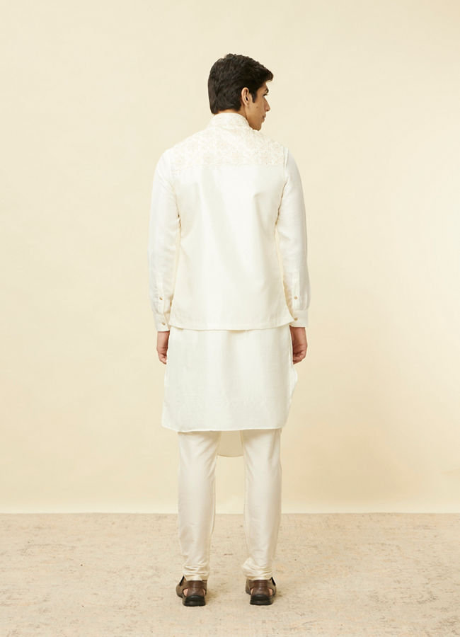 Manyavar Men Sesame White Thread Embroidered Kurta Jacket Set