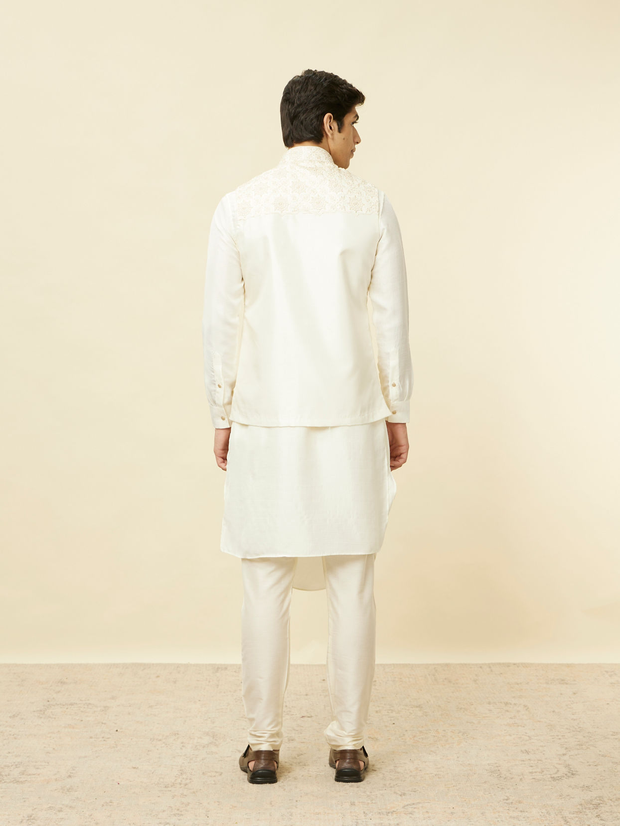 Manyavar Men Sesame White Thread Embroidered Kurta Jacket Set