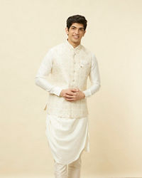 Manyavar Men Sesame White Thread Embroidered Kurta Jacket Set