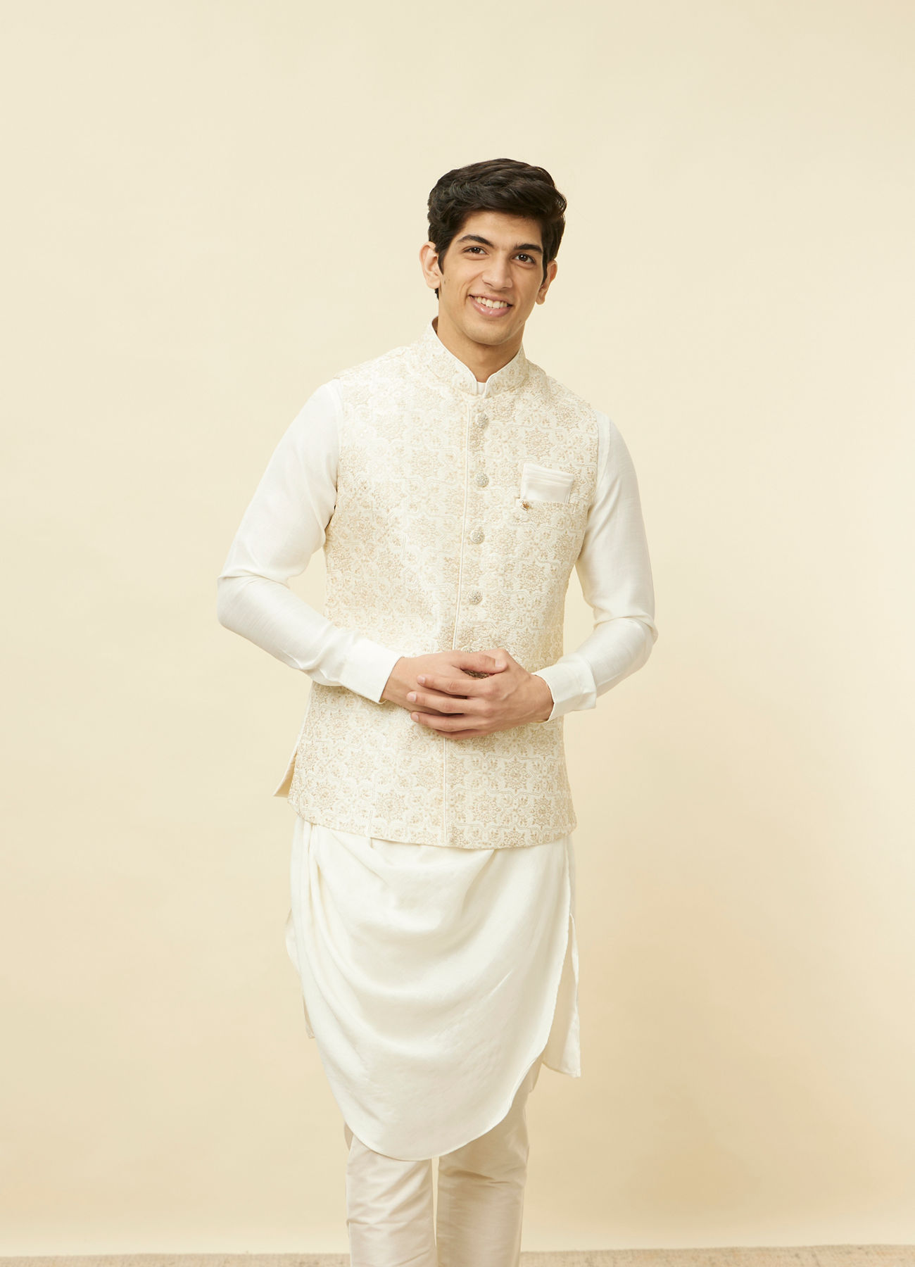Manyavar Men Sesame White Thread Embroidered Kurta Jacket Set