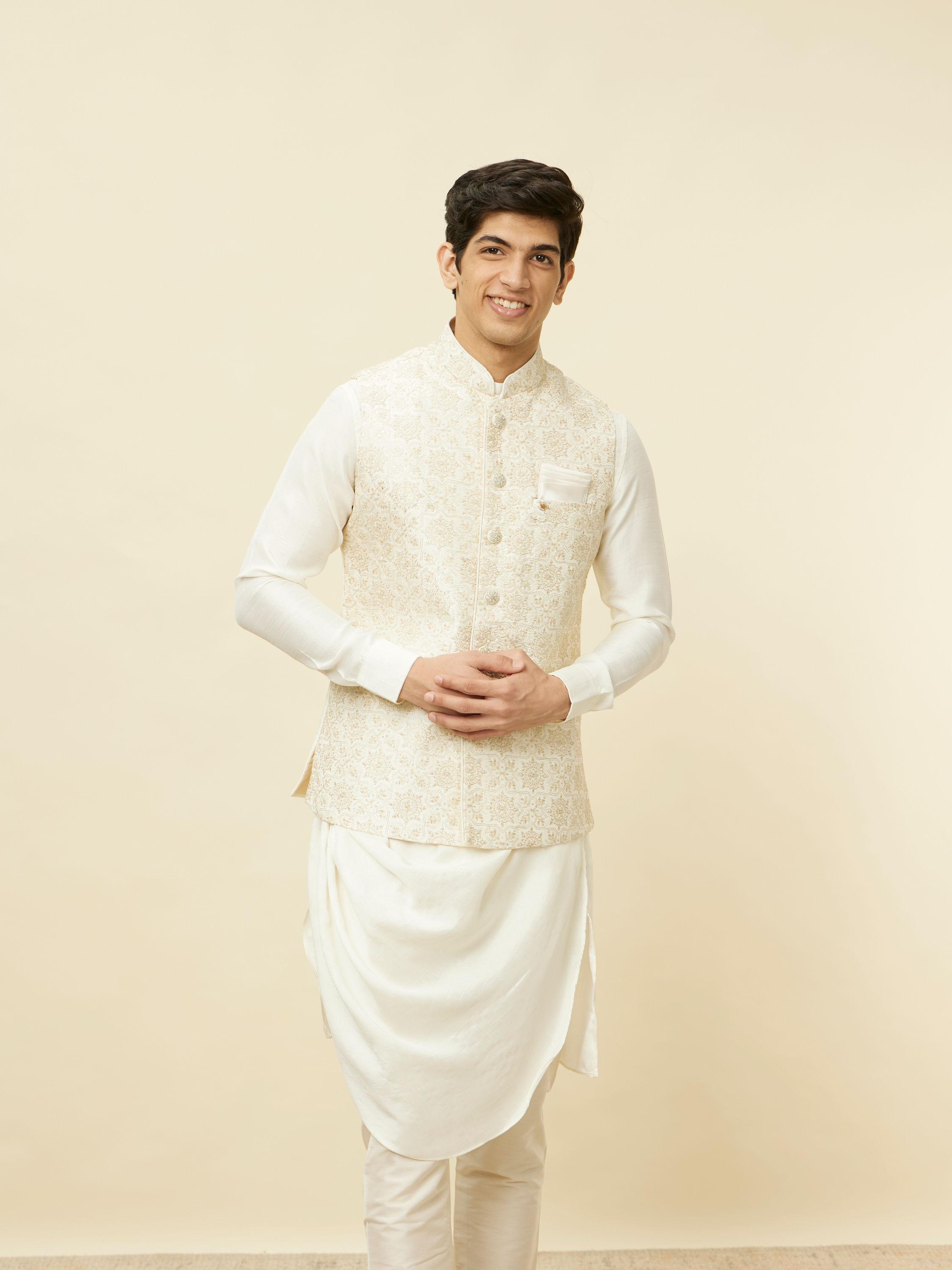Manyavar Men Sesame White Thread Embroidered Kurta Jacket Set