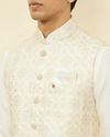 Manyavar Men Sesame White Thread Embroidered Kurta Jacket Set