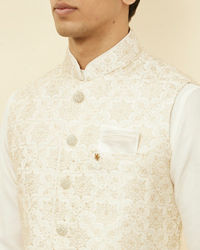 Manyavar Men Sesame White Thread Embroidered Kurta Jacket Set
