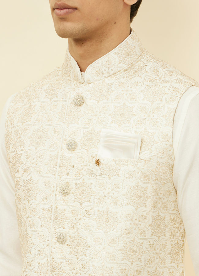 Manyavar Men Sesame White Thread Embroidered Kurta Jacket Set