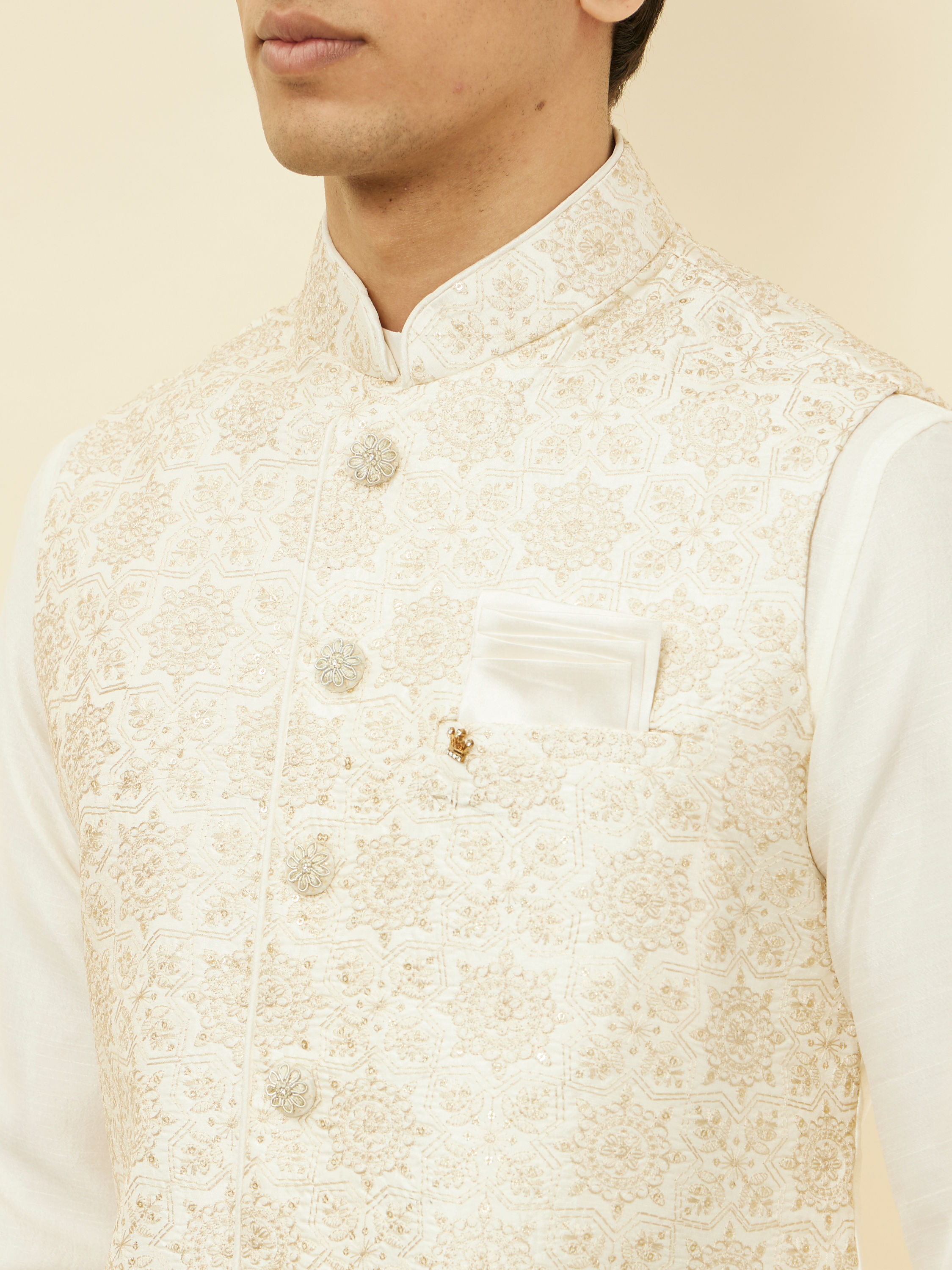 Manyavar Men Sesame White Thread Embroidered Kurta Jacket Set