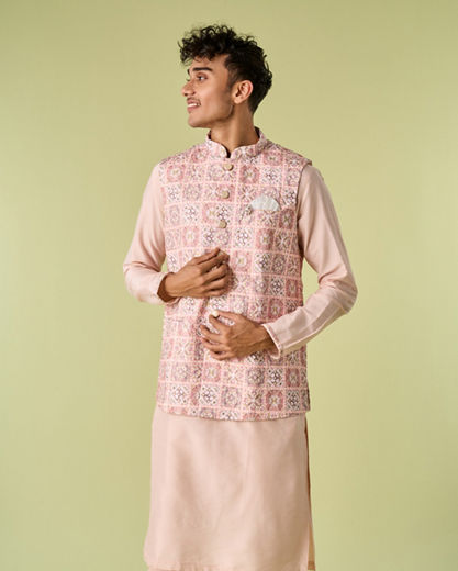 Diwas Men Cream Pink Moroccan Printed Jacket Set