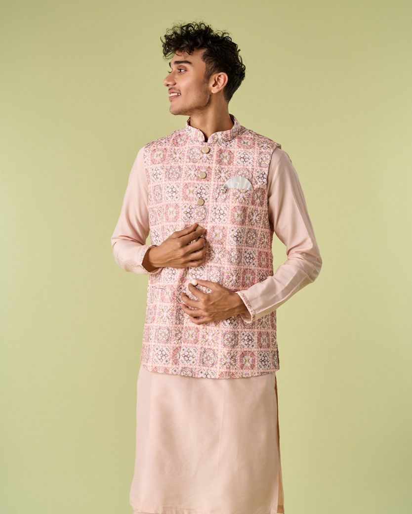 Diwas Men Cream Pink Moroccan Printed Jacket Set