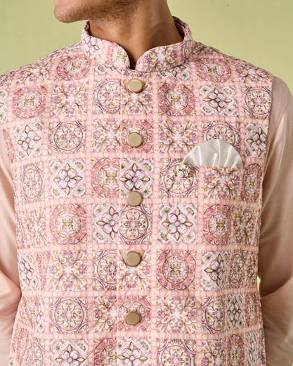 Diwas Men Cream Pink Moroccan Printed Jacket Set