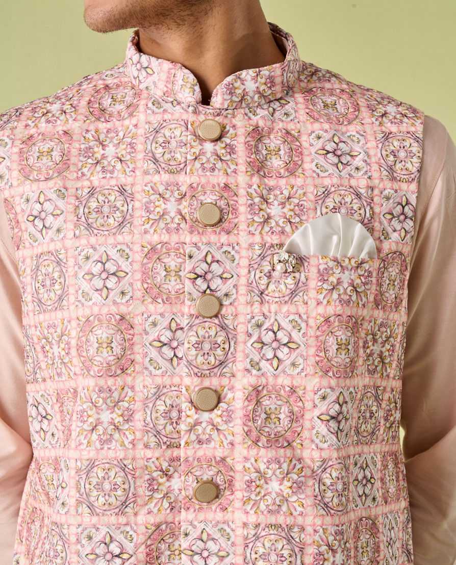 Diwas Men Cream Pink Moroccan Printed Jacket Set