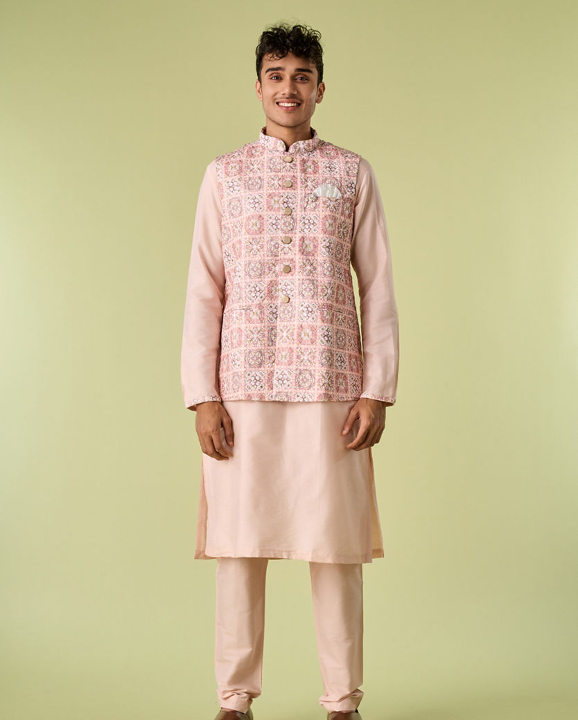 Diwas Men Cream Pink Moroccan Printed Jacket Set