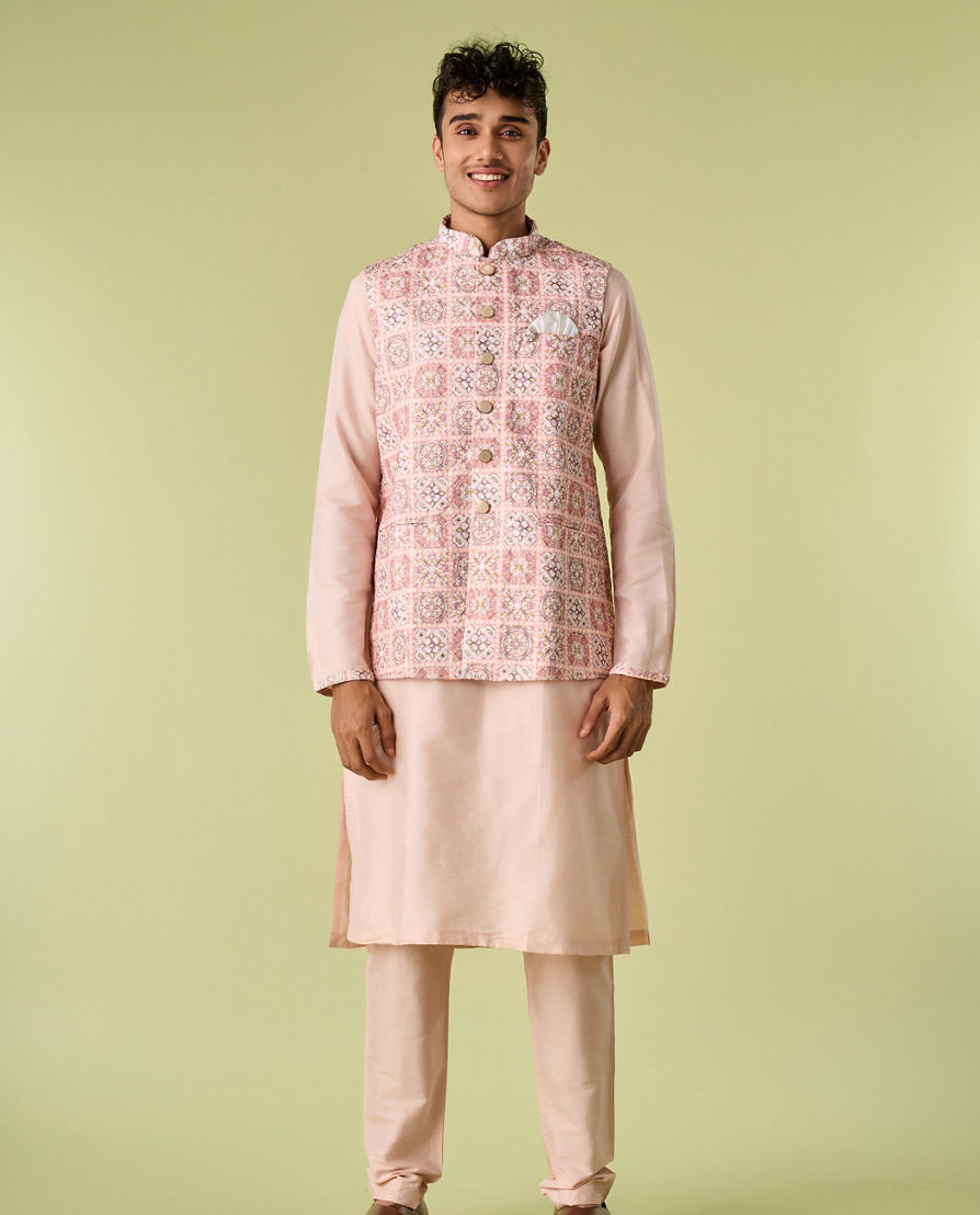 Diwas Men Cream Pink Moroccan Printed Jacket Set