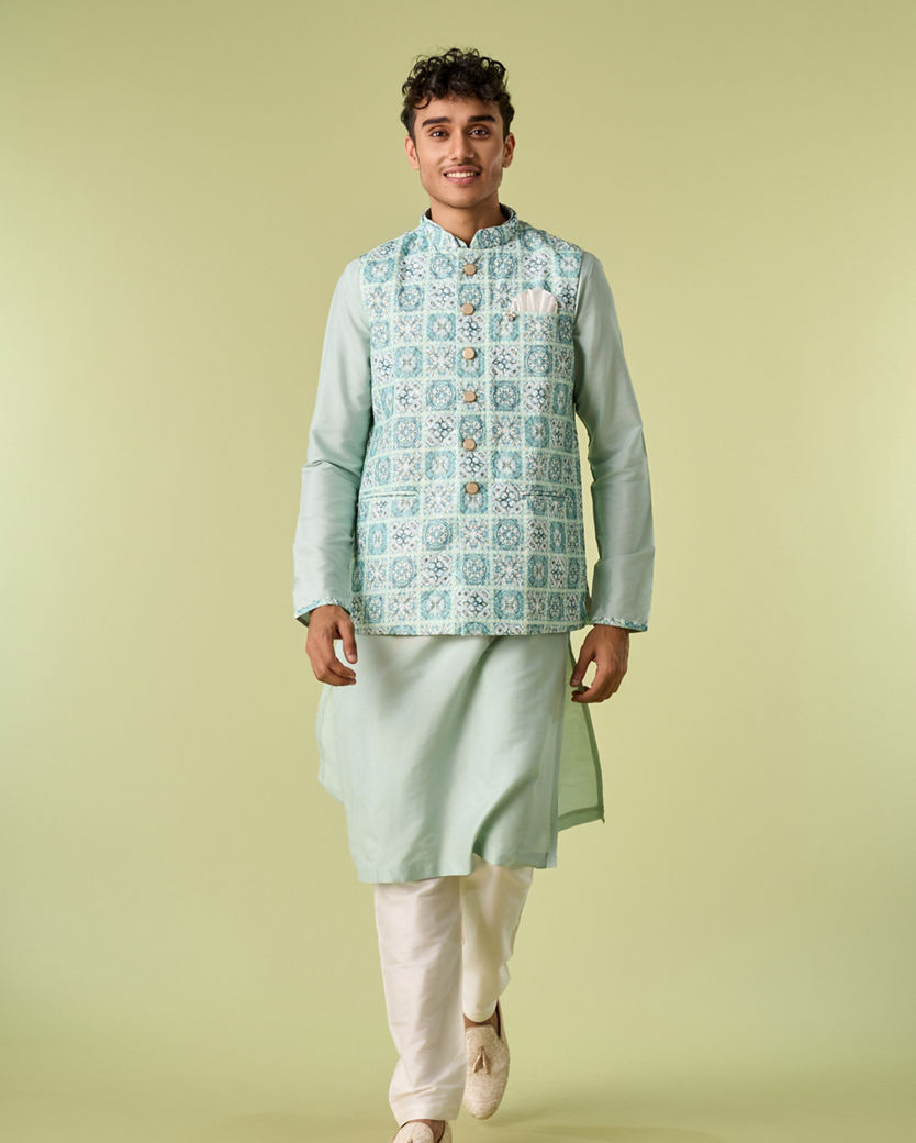 Diwas Men Aqua Green Kurta Jacket Set
