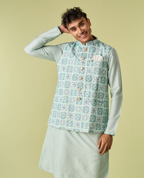 Diwas Men Aqua Green Kurta Jacket Set