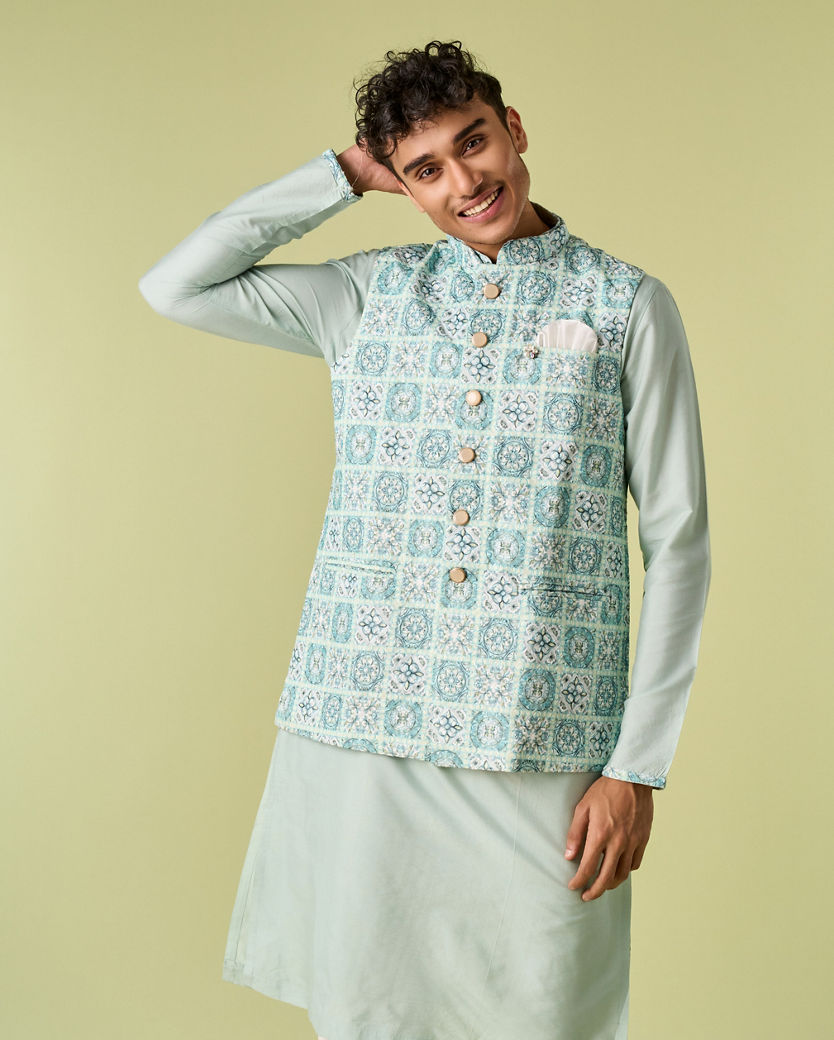 Diwas Men Aqua Green Kurta Jacket Set