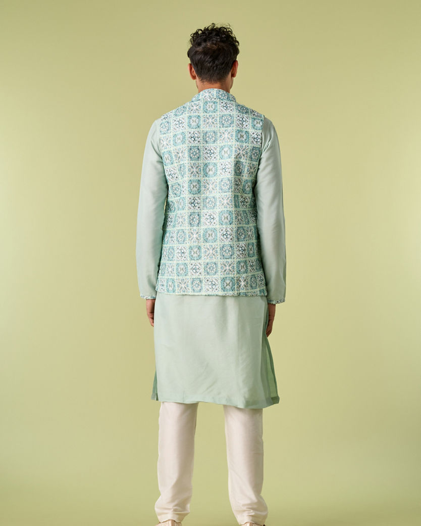 Diwas Men Aqua Green Kurta Jacket Set